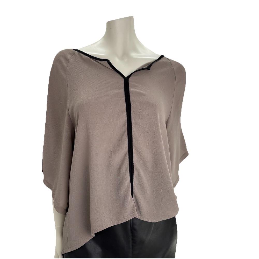 Vanessa Collezione Sheer Flutter Sleeve Blouse Taupe Black Trim Italy Womens S
